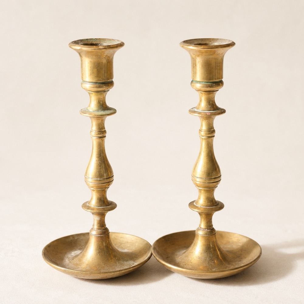 Vintage Solid Brass Candlestick Holders Set of 2 Baluster Style Marked OM 7 inch
